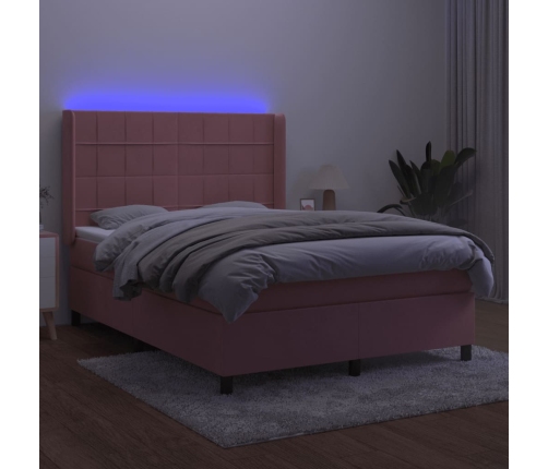 Cama box spring colchón y LED terciopelo rosa 140x200 cm