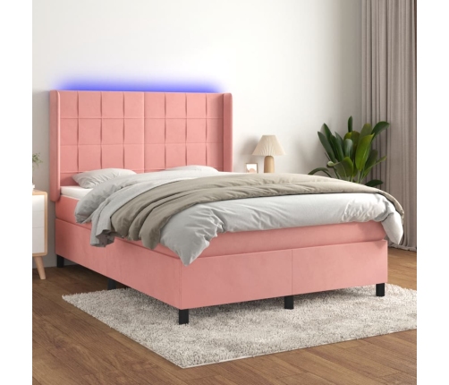 Cama box spring colchón y LED terciopelo rosa 140x200 cm