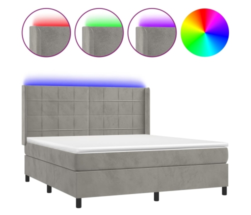 Cama box spring colchón y LED terciopelo gris claro 160x200 cm