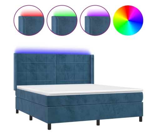 Cama box spring colchón y LED terciopelo azul oscuro 160x200 cm