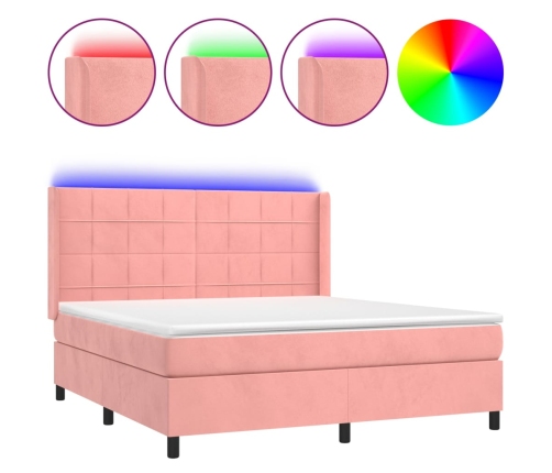 Cama box spring colchón y LED terciopelo rosa 180x200 cm