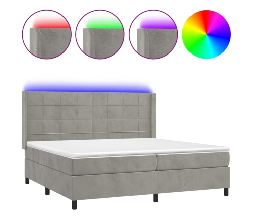 Cama box spring colchón y LED terciopelo gris claro 200x200 cm