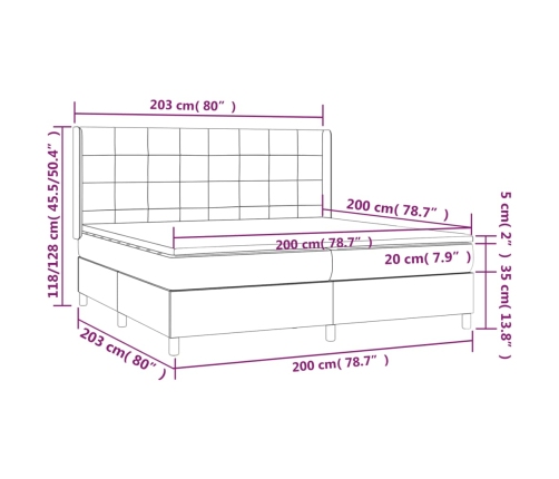 Cama box spring colchón y LED terciopelo gris claro 200x200 cm