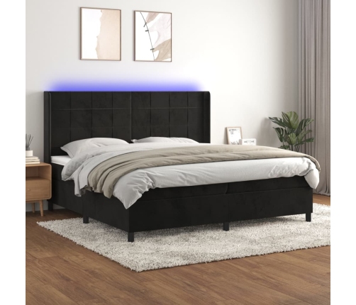 Cama box spring colchón y LED terciopelo negro 200x200 cm