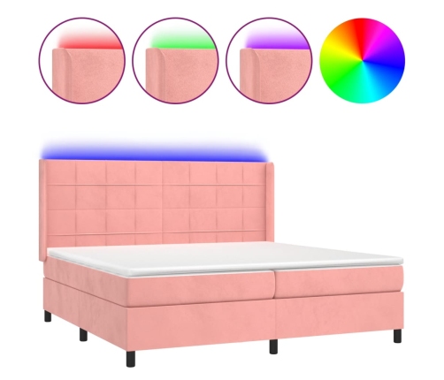 Cama box spring colchón y LED terciopelo rosa 200x200 cm