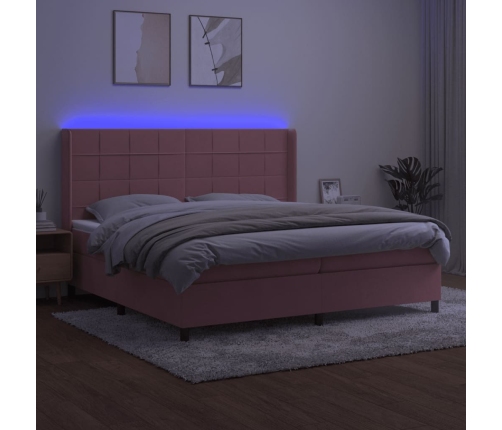 Cama box spring colchón y LED terciopelo rosa 200x200 cm