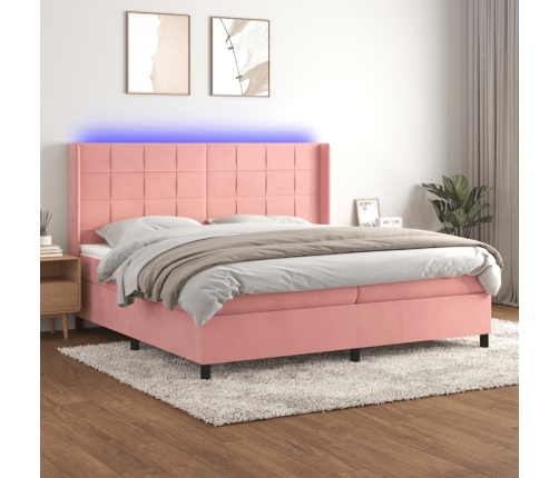 Cama box spring colchón y LED terciopelo rosa 200x200 cm