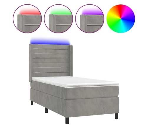 Cama box spring colchón y LED terciopelo gris claro 80x200 cm