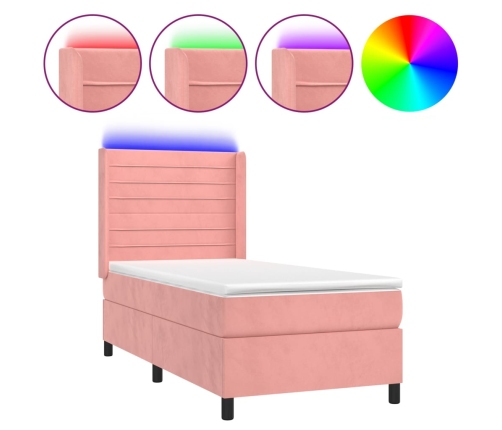 Cama box spring colchón y LED terciopelo rosa 90x190 cm