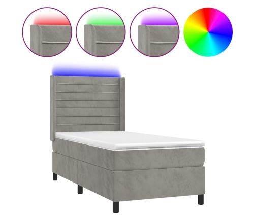 Cama box spring colchón y LED terciopelo gris claro 90x200 cm