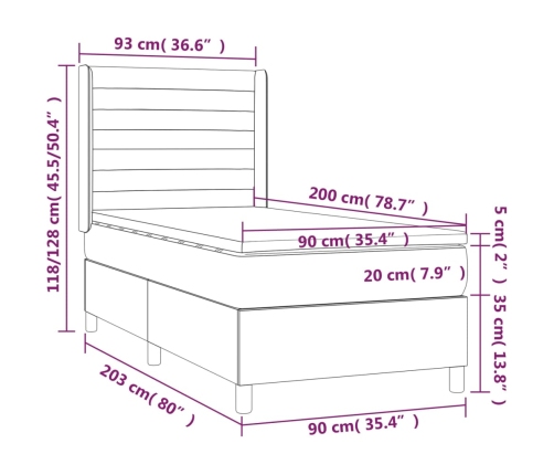 Cama box spring colchón y LED terciopelo verde oscuro 90x200 cm