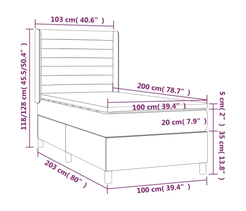 Cama box spring colchón y LED terciopelo verde oscuro 100x200cm