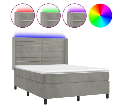 vidaXL Cama box spring colchón y LED terciopelo gris claro 140x190 cm