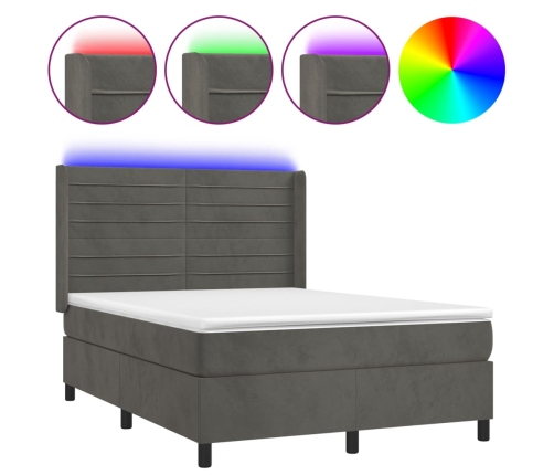 Cama box spring colchón y LED terciopelo gris oscuro 140x190 cm