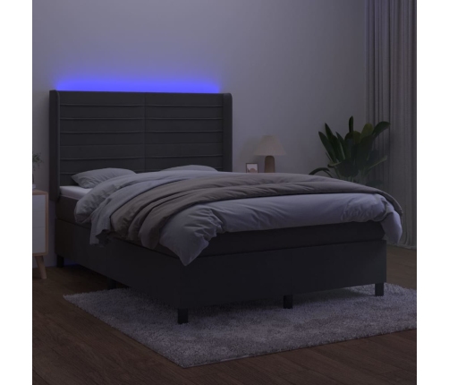 Cama box spring colchón y LED terciopelo gris oscuro 140x190 cm