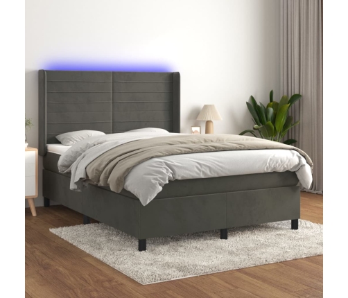 Cama box spring colchón y LED terciopelo gris oscuro 140x190 cm