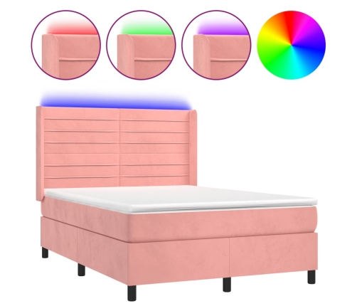 Cama box spring colchón y LED terciopelo rosa 140x190 cm