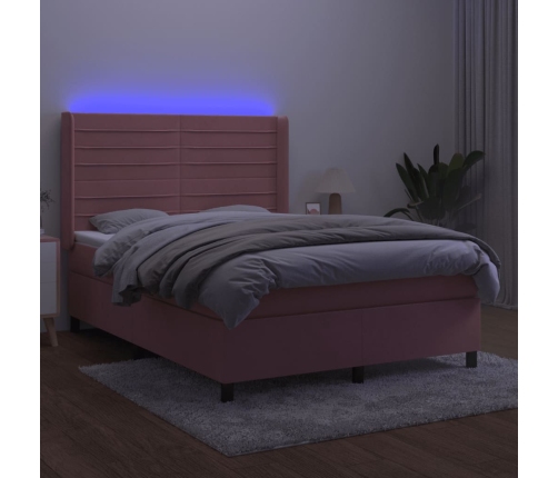 Cama box spring colchón y LED terciopelo rosa 140x190 cm