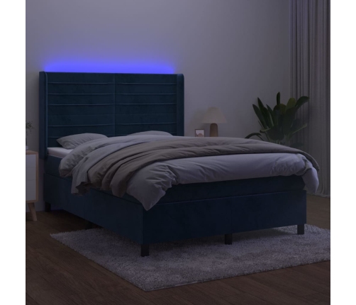 Cama box spring colchón y LED terciopelo azul oscuro 140x200 cm