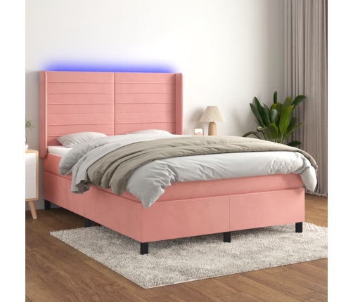 Cama box spring colchón y LED terciopelo rosa 140x200 cm