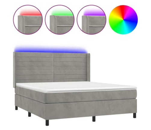 Cama box spring colchón y LED terciopelo gris claro 160x200 cm