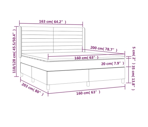 Cama box spring colchón y LED terciopelo gris claro 160x200 cm