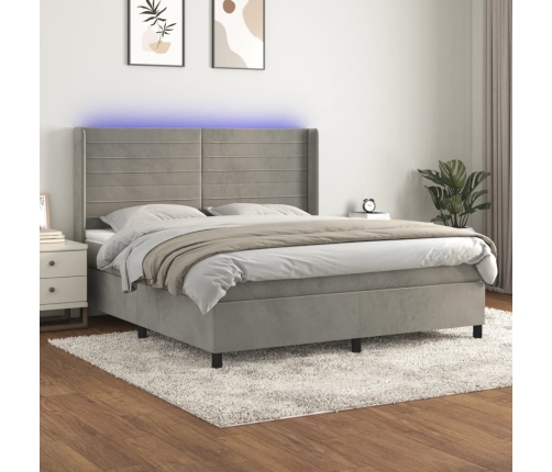 Cama box spring colchón y LED terciopelo gris claro 160x200 cm