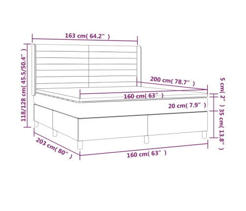 Cama box spring colchón y LED terciopelo gris oscuro 160x200 cm