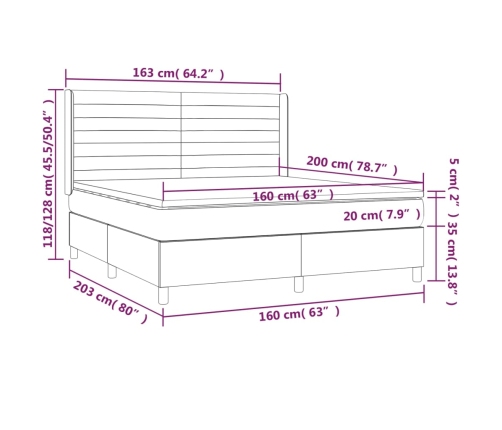 Cama box spring colchón y LED terciopelo verde oscuro 160x200cm