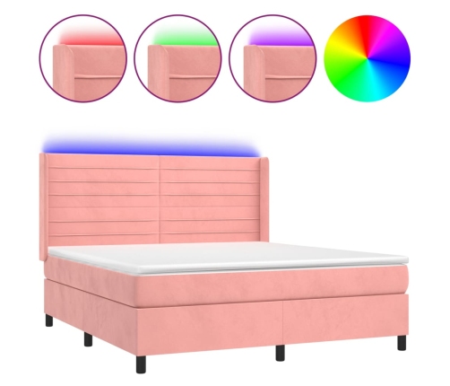 Cama box spring colchón y LED terciopelo rosa 160x200 cm