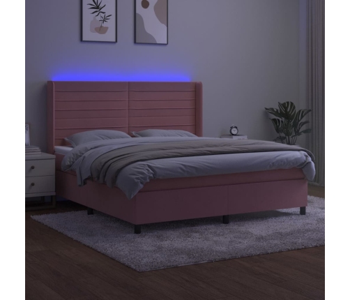 Cama box spring colchón y LED terciopelo rosa 160x200 cm