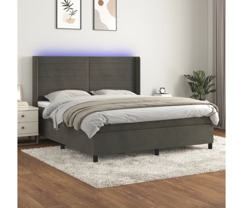 Cama box spring colchón y LED terciopelo gris oscuro 180x200 cm