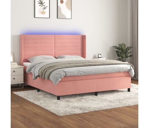 Cama box spring colchón y LED terciopelo rosa 180x200 cm