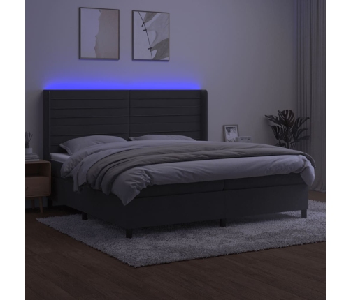 Cama box spring colchón y LED terciopelo gris oscuro 200x200 cm