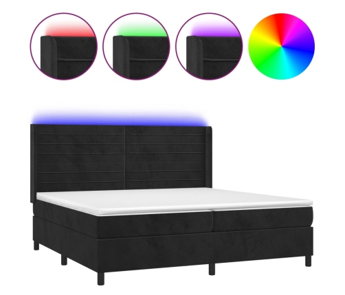 Cama box spring colchón y LED terciopelo negro 200x200 cm