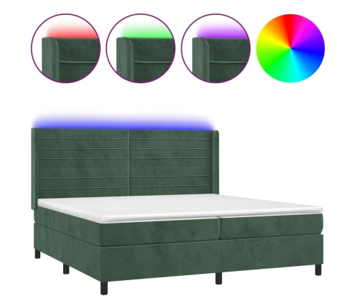 Cama box spring colchón y LED terciopelo verde oscuro 200x200cm