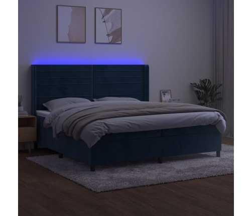 Cama box spring colchón y LED terciopelo azul oscuro 200x200 cm