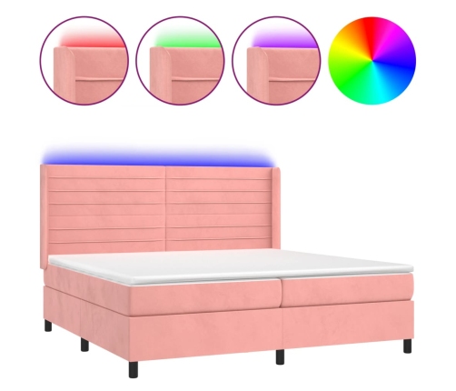 Cama box spring colchón y LED terciopelo rosa 200x200 cm