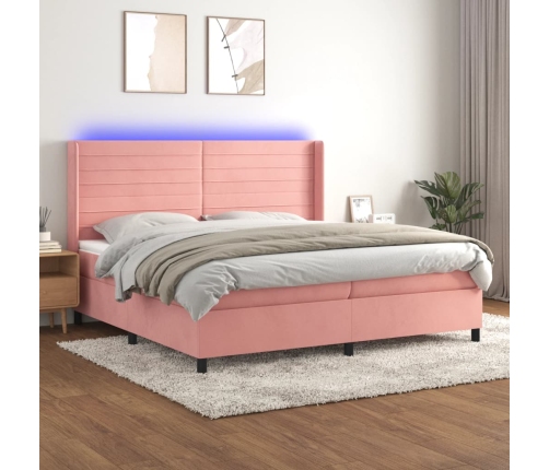 Cama box spring colchón y LED terciopelo rosa 200x200 cm