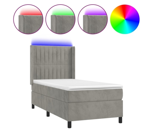 Cama box spring colchón y LED terciopelo gris claro 80x200 cm