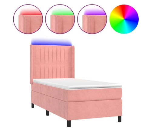 Cama box spring colchón y LED terciopelo rosa 80x200 cm