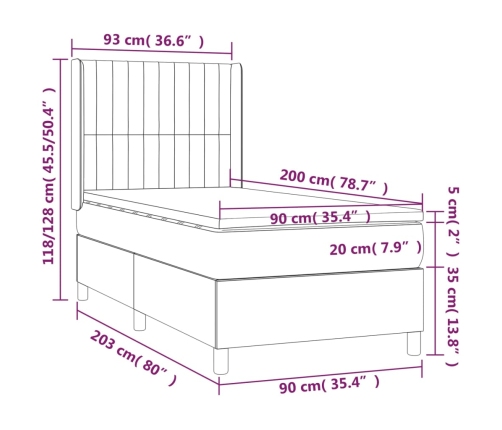 Cama box spring colchón y LED terciopelo rosa 90x200 cm