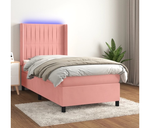 Cama box spring colchón y LED terciopelo rosa 90x200 cm