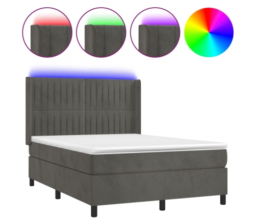 Cama box spring colchón y LED terciopelo gris oscuro 140x190 cm