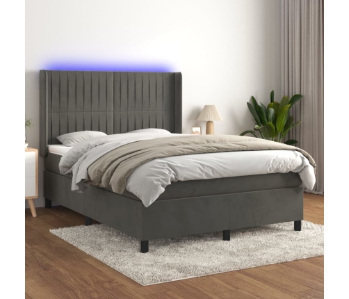 Cama box spring colchón y LED terciopelo gris oscuro 140x190 cm