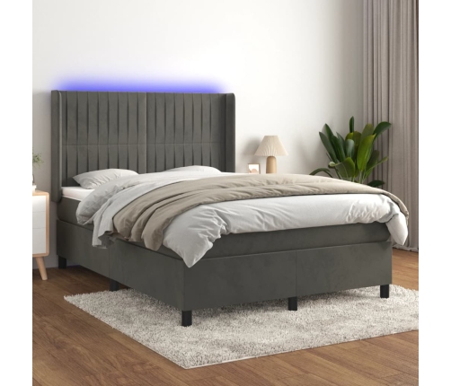 vidaXL Cama box spring colchón y LED terciopelo gris oscuro 140x200 cm