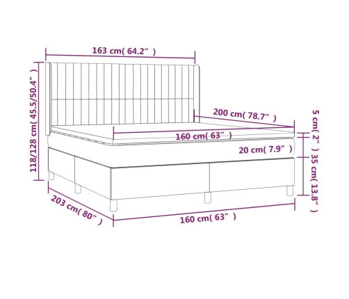 Cama box spring colchón y LED terciopelo negro 160x200 cm