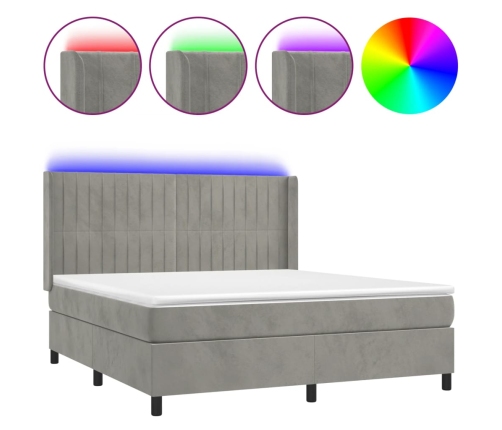 Cama box spring colchón y LED terciopelo gris claro 180x200 cm