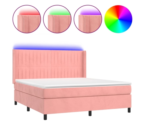 Cama box spring colchón y LED terciopelo rosa 180x200 cm
