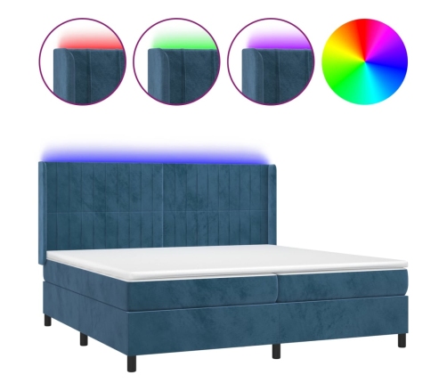 Cama box spring colchón y LED terciopelo azul oscuro 200x200 cm